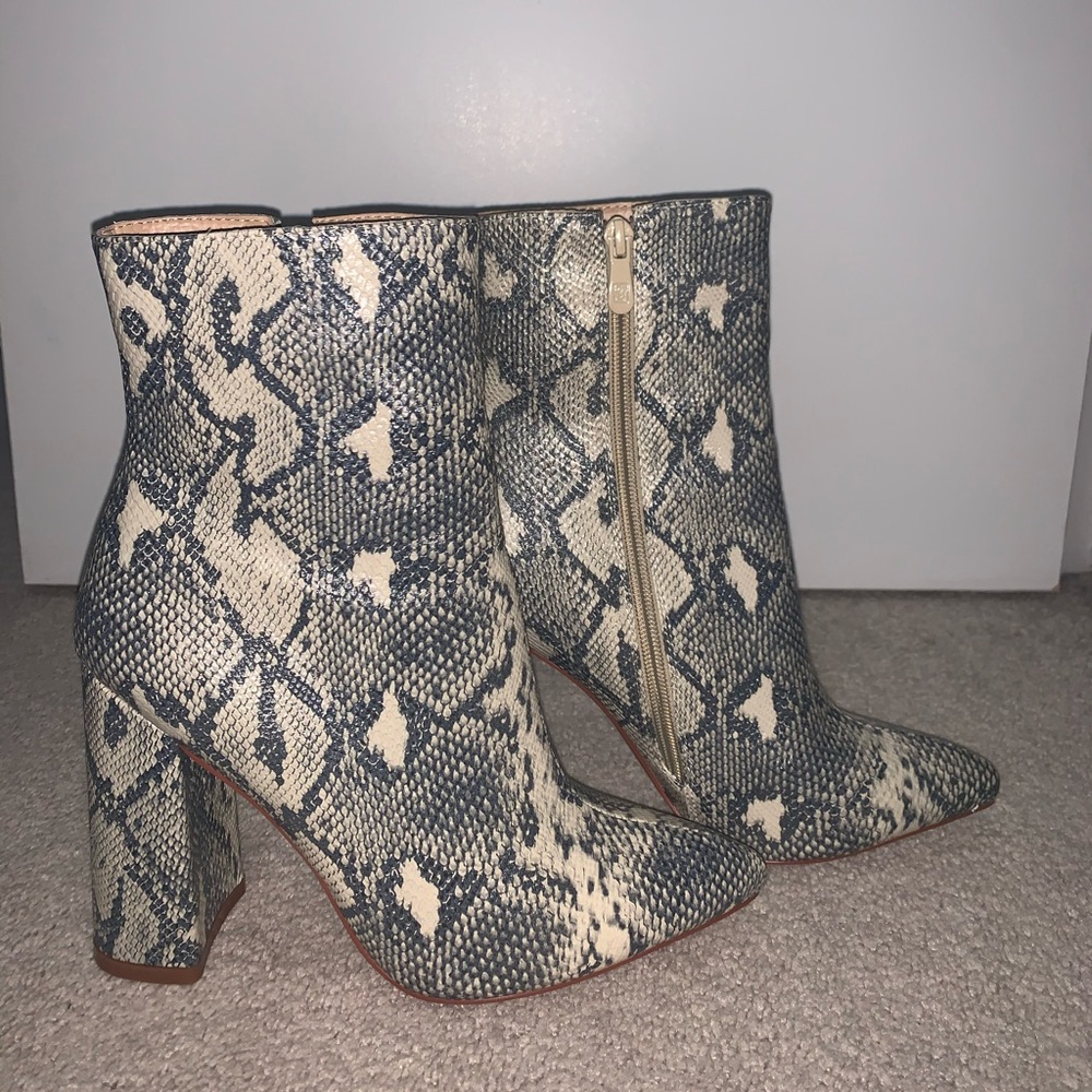 Snakeskin block heeled booties